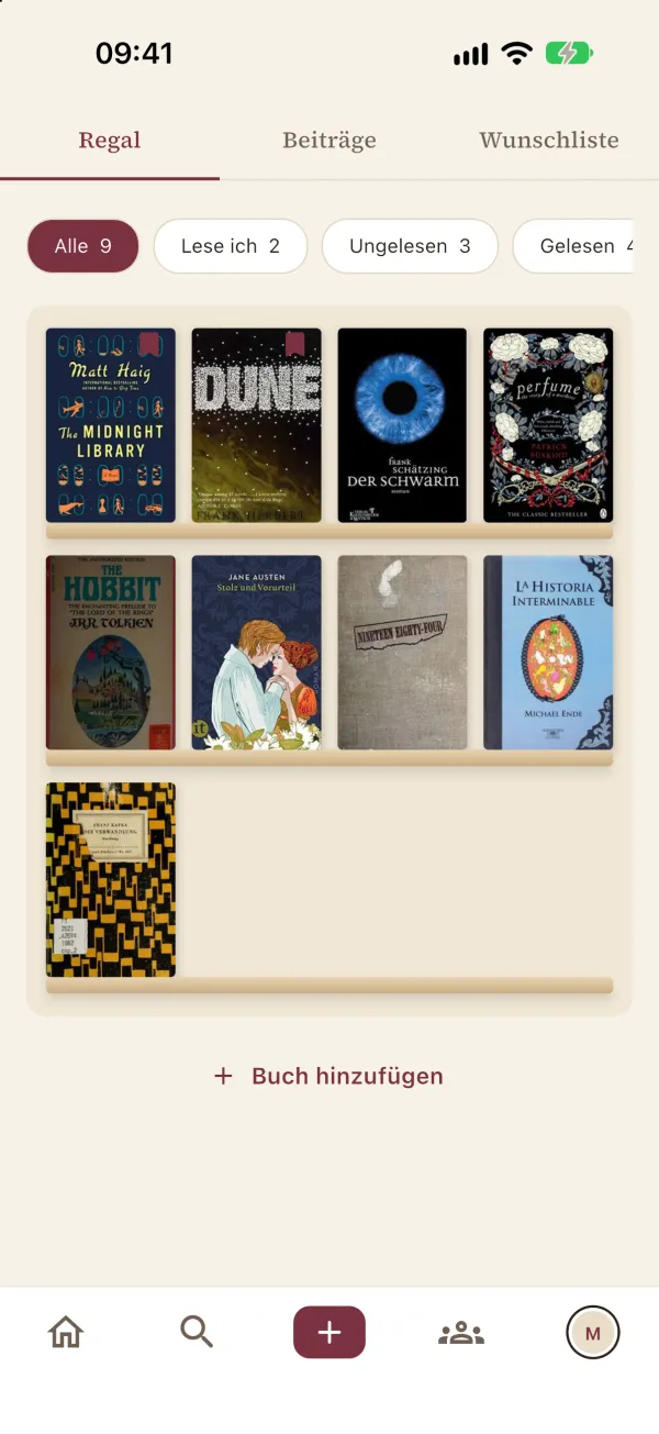 Bücherregal mit Covern auf Regalbrettern und Filtern Lese ich, Ungelesen, Gelesen